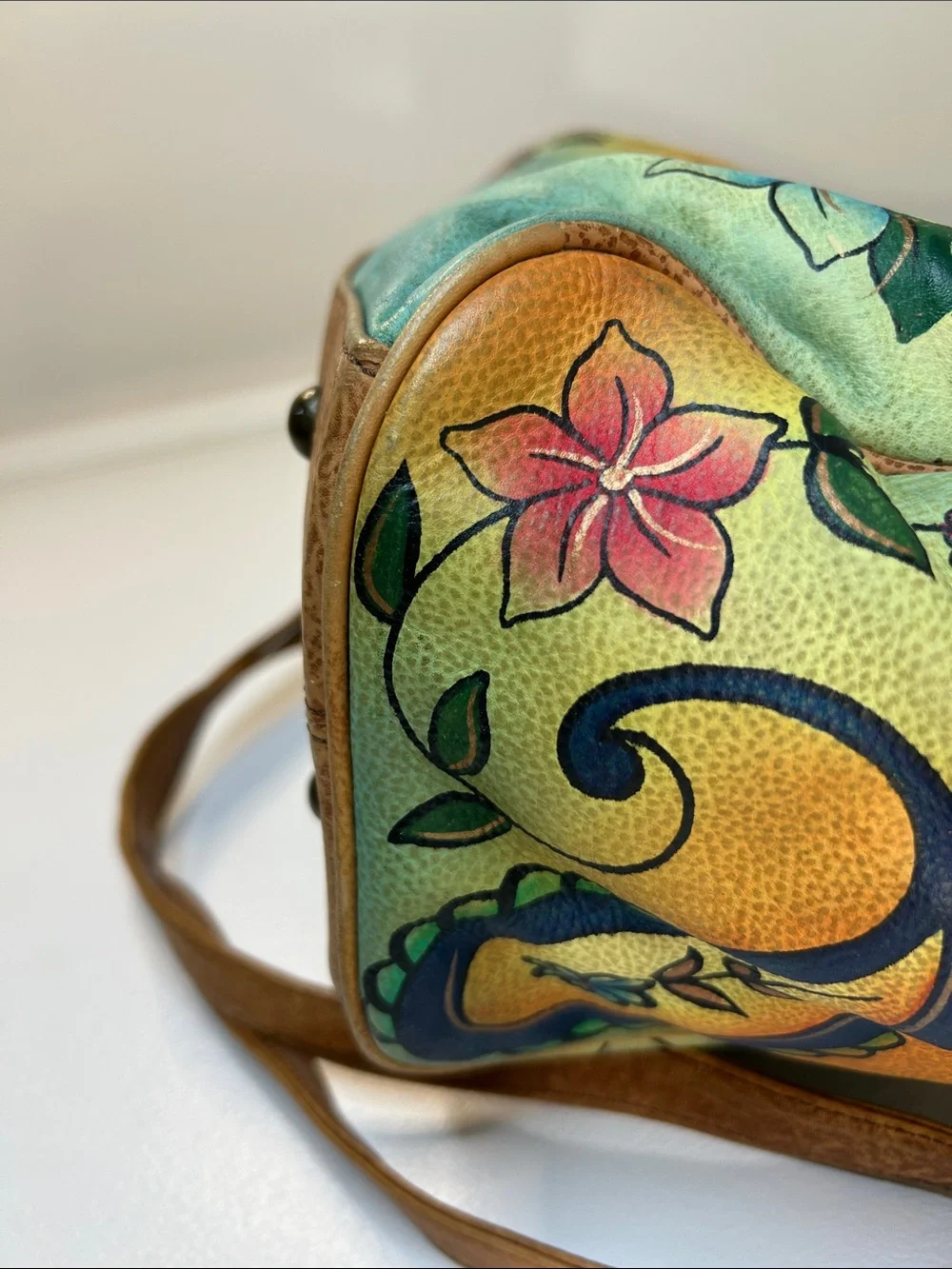 Anuschka Hand Painted Paisley Floral Theme Leather Satchel & Shoulder Strap
